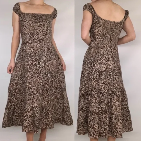 Reformation Toulouse Linen Off Shoulder Leopard Print Midi Dress size 4 - Picture 2 of 10